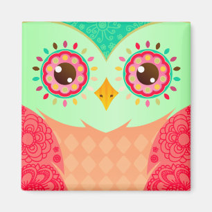 Aimant Hibou rouge et vert de Boho