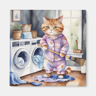Aimant Hilarious mignon chat en pyjama faisant la blanchi