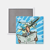 Aimant Homme d'affaires avec journal et avion ci-dessus (Recto/Verso)