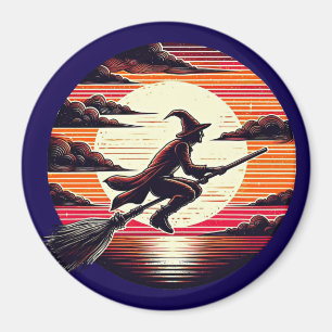 Aimant Homme Sorcière équitation Broom in sunset art illu