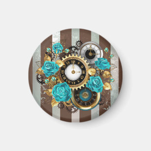 Aimant Horloge à vapeur et Roses turquoise sur le sol