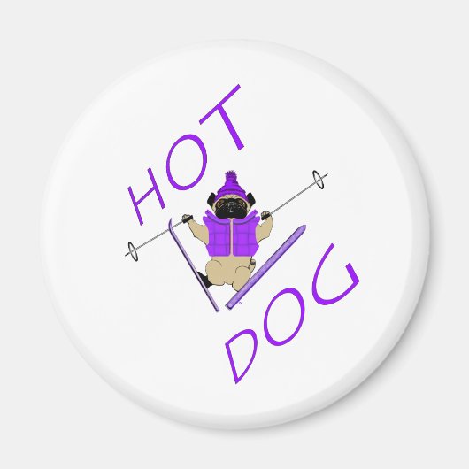 Aimant Hot Dog Funny Ski Carlin violet Veste et Skis (Devant)