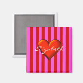Aimant Hot Pink, Red Stripes, Red Metallic Heart Monogram (Recto/Verso)