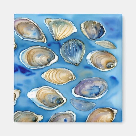 Aimant Huîtres Clams Coquillages Aquarelle Bleu (Devant)