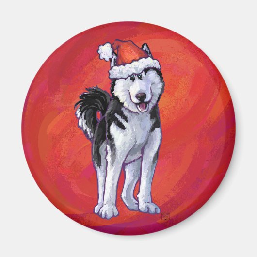 Aimant Husky à Santa Hat Sur Rouge (Devant)