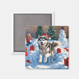 Aimant Husky sibérien courant dans la neige avec un chape