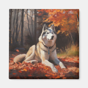 Aimant Husky Sibérien dans les feuilles d'automne qui tom