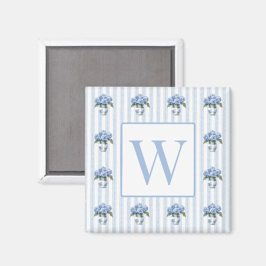 Aimant Hydrangeas Bleus et Blancs sur Monogramme à Rayure (Recto/Verso)