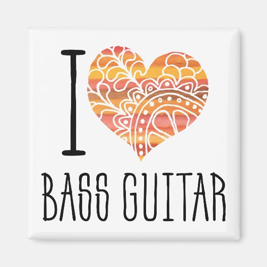 Aimant I Love Bass Guitar Orange Mandala Heart (Devant)