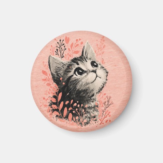 Aimant Illustration de chaton avec accent botanique délic (Devant)