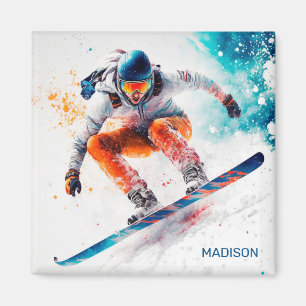 Aimant Illustration de snowboardeur avec nom personnalisé