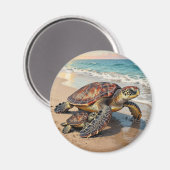 Aimant Illustration de tortue marine et bébé sur la plage (Recto/Verso)