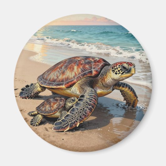 Aimant Illustration de tortue marine et bébé sur la plage (Devant)