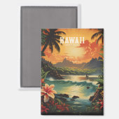 Aimant Illustration de voyage vintage Hawaii Tropical Bea (Recto/Verso)