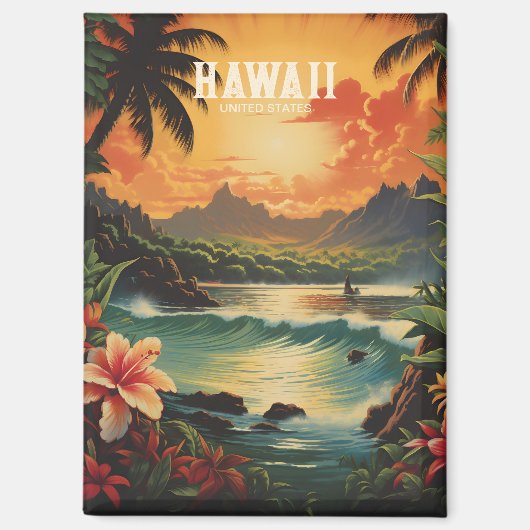 Aimant Illustration de voyage vintage Hawaii Tropical Bea (Recto)