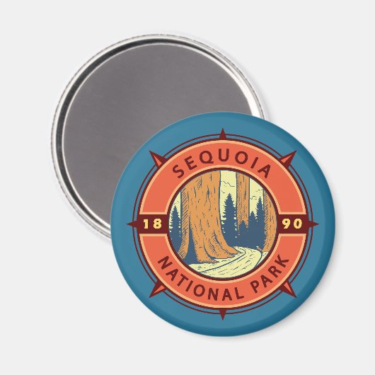 Aimant Illustration du parc national Sequoia Compas rétro (Recto/Verso)
