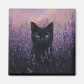 Aimant Illustration d'un chat noir dans un champ de lavan (Devant)