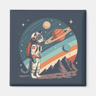 Aimant Illustration Rétro de Chat Astronaute dans l'Espac