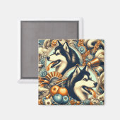 Aimant Illustration Retro Siberian Husky (Recto/Verso)