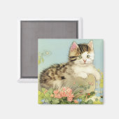 Aimant Illustration vintage de chat avec fleurs roses (Recto/Verso)