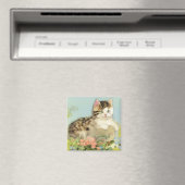 Aimant Illustration vintage de chat avec fleurs roses (In Situ (Lave-vaisselle))