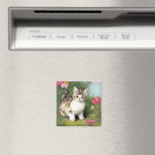 Aimant Illustration vintage de chat avec Fleurs rouges (In Situ (Lave-vaisselle))