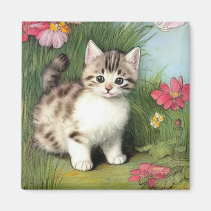 Aimant Illustration vintage de chat avec Fleurs rouges