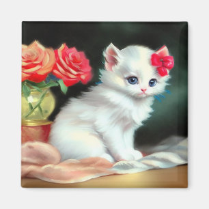 Aimant Illustration vintage de Kitten blanc avec fleurs r