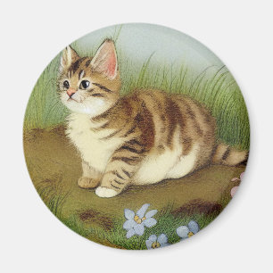 Aimant Illustration vintage Kitten avec fleurs