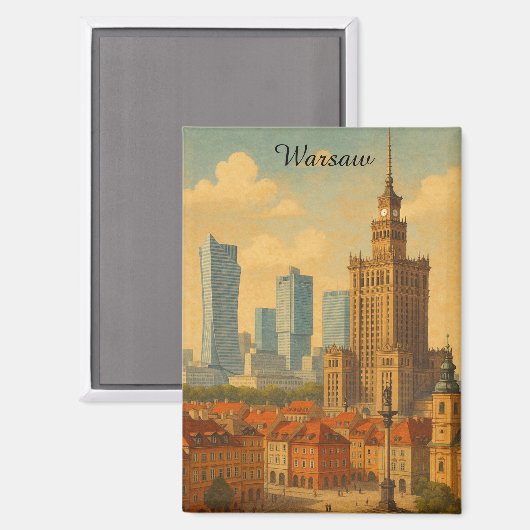 Aimant Illustration Vintage Skyline de Varsovie Pologne (Recto/Verso)