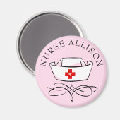 Aimant Infirmière Casquette Ajouter un nom Rose (Recto/Verso)
