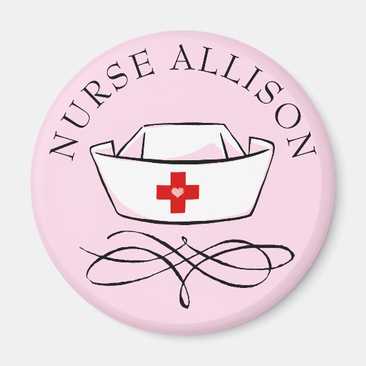 Aimant Infirmière Casquette Ajouter un nom Rose (Devant)