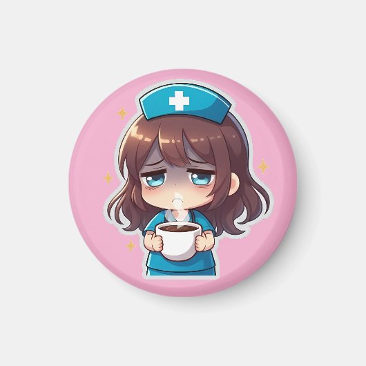 Aimant Infirmière Chibi Originale - Café avec Fatigue (Devant)