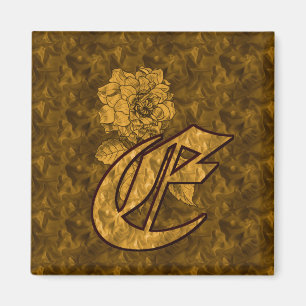 Aimant Initiale de monogramme E Fleur de pivoine en or