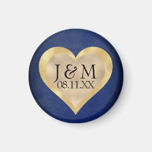Aimant Initiales de cœur sur mariage Navy Blue & Or