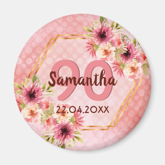 Aimant Invitation anniversaire 90 ans fleurs roses save t (Devant)