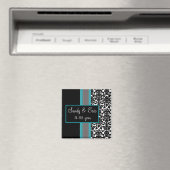 Aimant Invitations Aqua White Black Mariage damassé (In Situ (Lave-vaisselle))