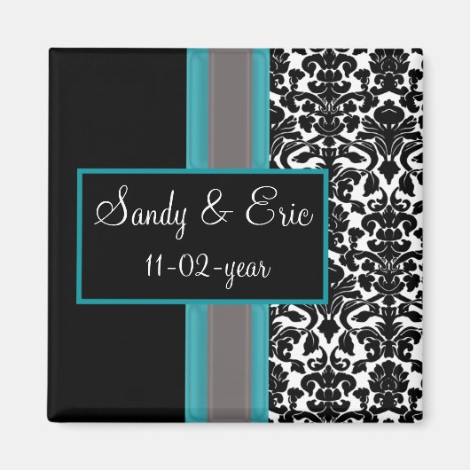 Aimant Invitations Aqua White Black Mariage damassé (Devant)