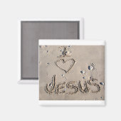 Aimant J'aime Jésus écrit dans le sable (Recto/Verso)