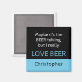 Aimant J'aime la bière noir et bleu avec un nom (Recto/Verso)