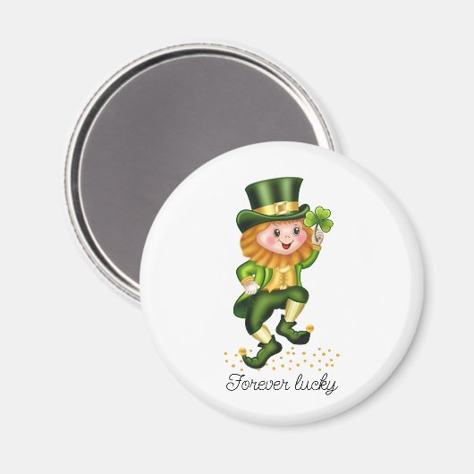 Aimant Jamais Lucky Green Gnome & Clover en blanc (Recto/Verso)