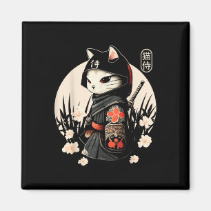 Aimant Japonais Samurai Chat Tattoo, Kawaii Ninja Chat _1
