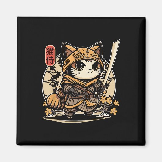 Aimant Japonais Samurai Chat Tattoo, Kawaii Ninja Chat _3 (Devant)