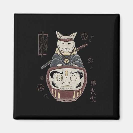 Aimant Japonais Samurai Ninja Chat Sur Daruma Traditionne (Devant)