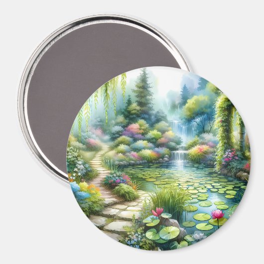 Aimant Jardin de cascade enchanté avec bassin de nénuphar (Recto/Verso)
