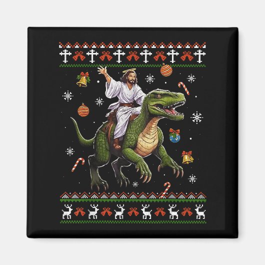 Aimant Jesus Riding Dinosaur Funny Meme Ugly Christmas Sw (Devant)