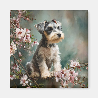 Aimant Jeune Schnauzer parmi les fleurs de cerisier print