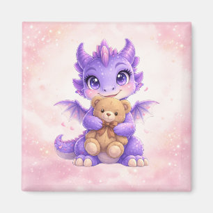 Aimant Joli bébé dragon étreignant un ours en peluche, ai