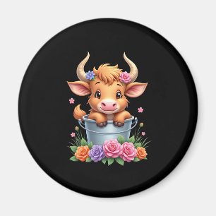 Aimant Joli bébé vache des Highlands avec fleurs Veau Ani