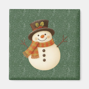 Aimant Joli bonhomme de neige rustique vert vintage